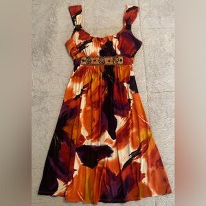 Bisou Bisou Orange & Purple Multi Beaded Midi Dress Squared Neck Built-In Bra